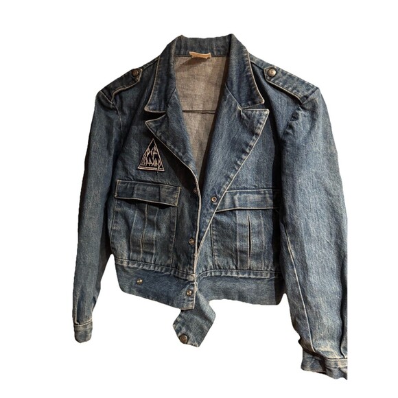 Vintage 80s 90s BONGO Denim Jean Jacket Military Moto Style Shoulder Epaulette - Picture 1 of 11